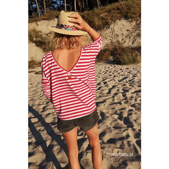 mamatu - Wholesale Nursing Top - Maternity - Breastfeeding Longsleeve V Red And White Stripes One Size3