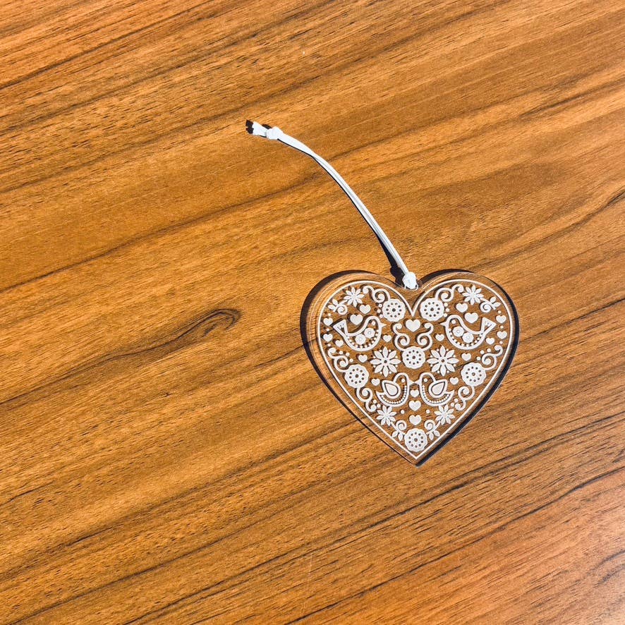 Scandinavian Hearts – wholesale Ornament – Rosemaling Clear Acrylic Laser Cut Hanging Heart Decor3