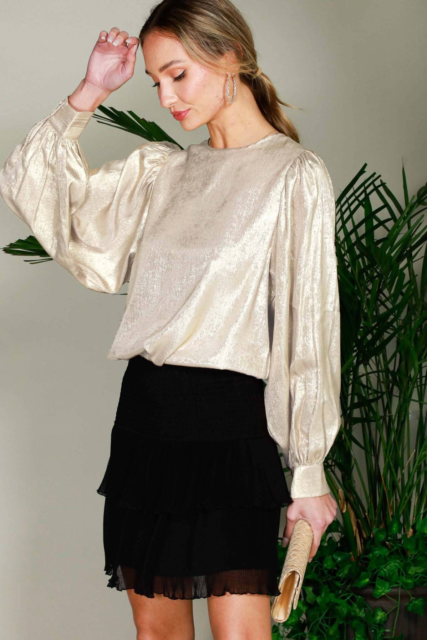Vine & Love - Wholesale Blouse - Women's - Long Balloon Sleeve Metallic Woven Blouse Top  VT31320D21