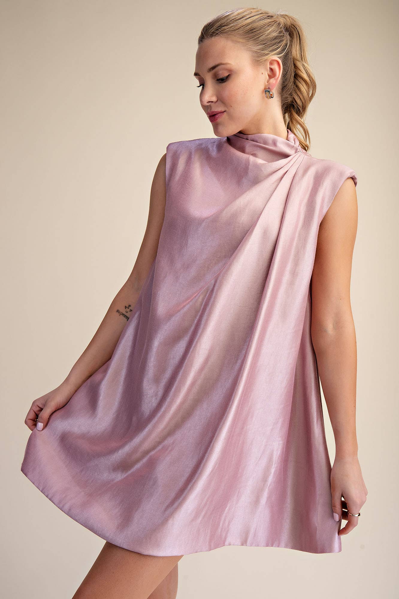 Glam - Wholesale Dress - Women's - Sleeveless Shoulder Pad Gathered Detail Mini Dress8