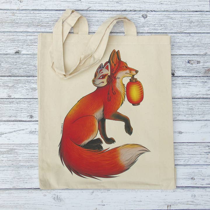Matsuri Kitsune Gusseted Tote Bag for wholesale by Lyndsey Green Illustration