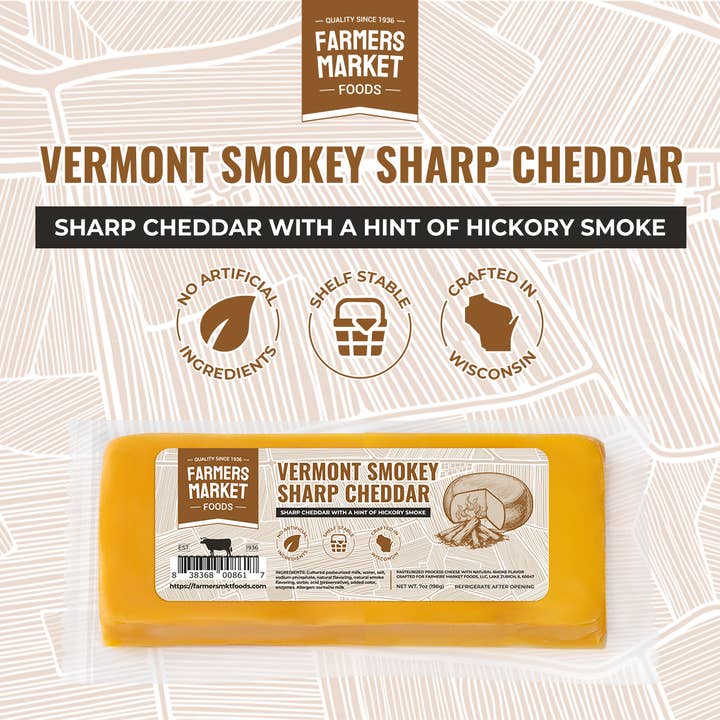 Farmers' Market Foods - Wholesale Cheese - Vermont Smokey Sharp Cheddar 7oz (Shelf Stable)