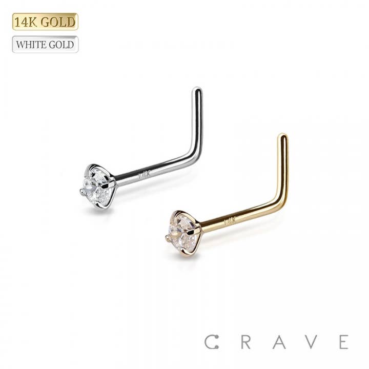 14 KARAT GOLD NOSE 'L' WITH PRONG SET GEM for wholesale by CRAVE