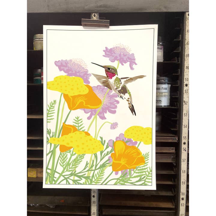 Rigel Paper - Wholesale Art Print - Cute Backyard Hummingbird & Garden Flowers Art Print1