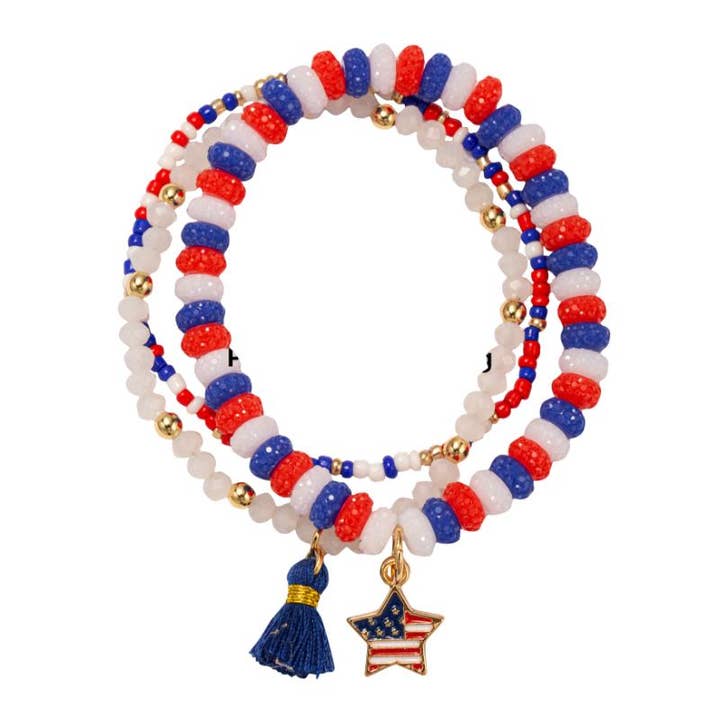 Kids Set of 3 Red, White, Blue American Flag Star Bracelet for wholesale by Jane Marie