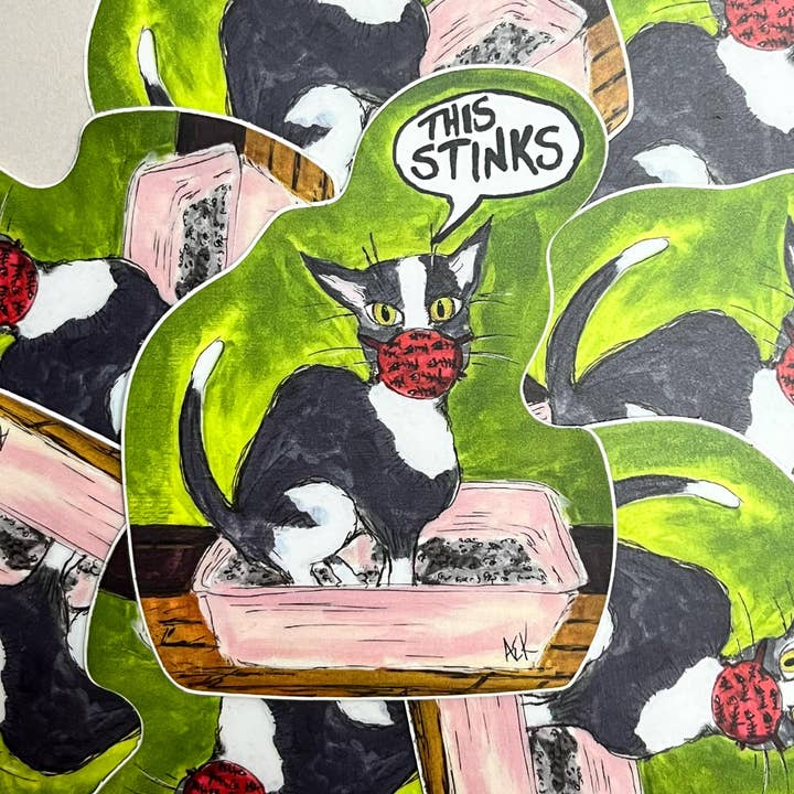 This Stinks! Tuxedo Cat Die Cut Waterproof Vinyl Sticker for wholesale by Alison E. Kurek