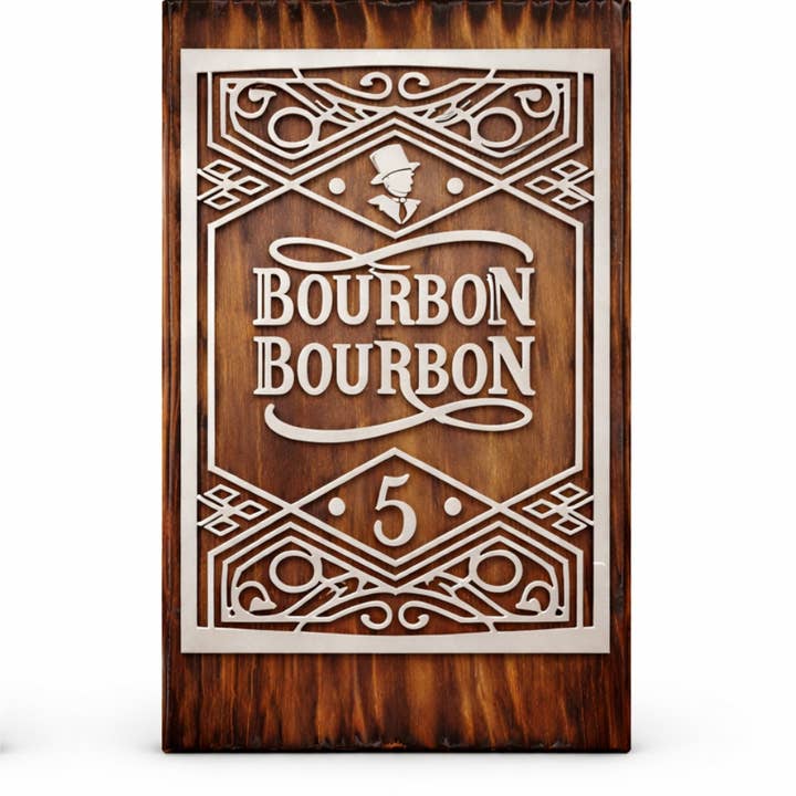 Bourbon No. 5 – Layered Wood & Metallic Acrylic Bar Sign for wholesale by Jus Sayin'