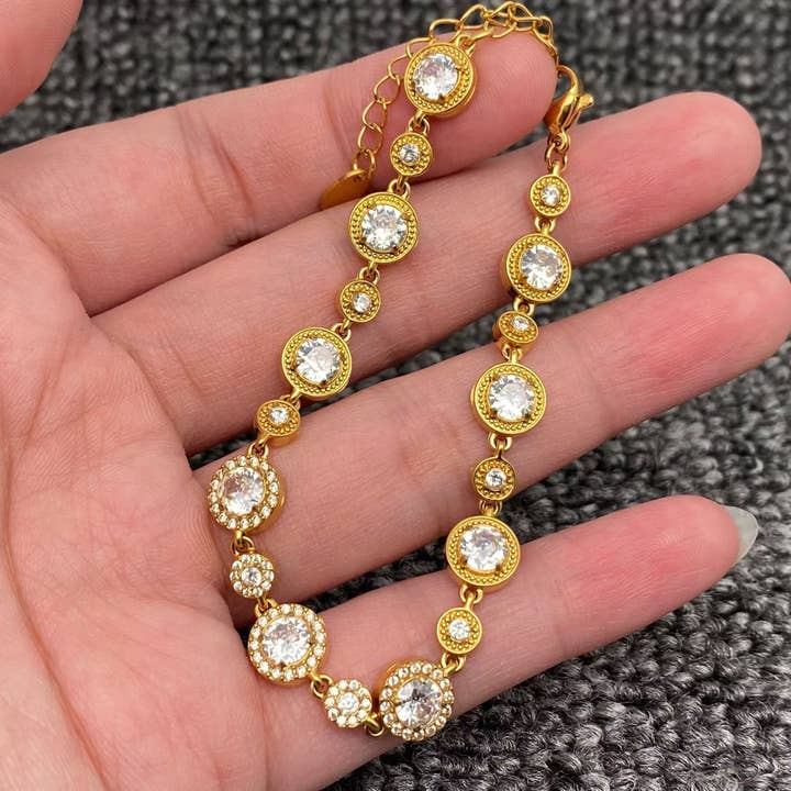 Pulseira de Elos com Pingente Redondo em Zircão Completo 18K Dourado SS - FGS por atacado de Mio Queena