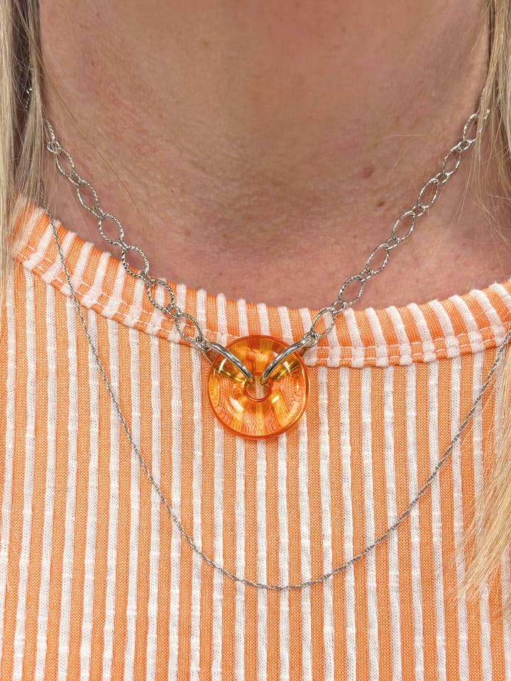 Etched Cable Chain Necklace with Colored Donut Ring Centerpiece for wholesale by jfybrand