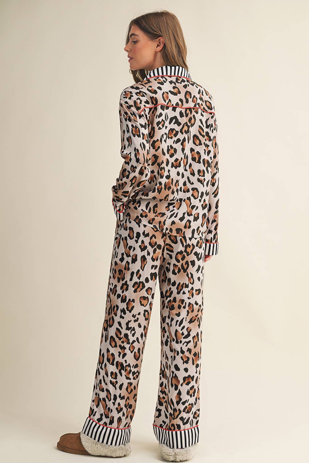 As shown Bold Leopard Striped Shirt & Pants Pajama Set | S-4X for wholesale on Faire4
