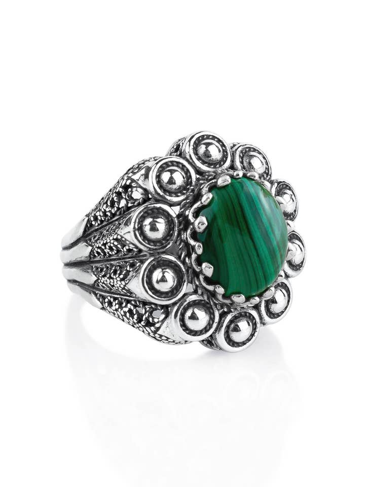 Art Malachite Gemstone Sterling Silver Women Statement Ring for wholesale by Filigranist Jewelry