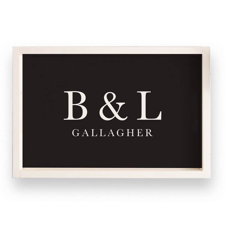 Initials Name Black Personalized Wooden Serving Tray for wholesale by Rustic Marlin