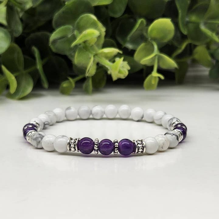 Meraki Gemstones - Wholesale Beaded Bracelet - MENTAL CLARITY - Amethyst/White Howlite 6mm Bracelet - 7.5"2