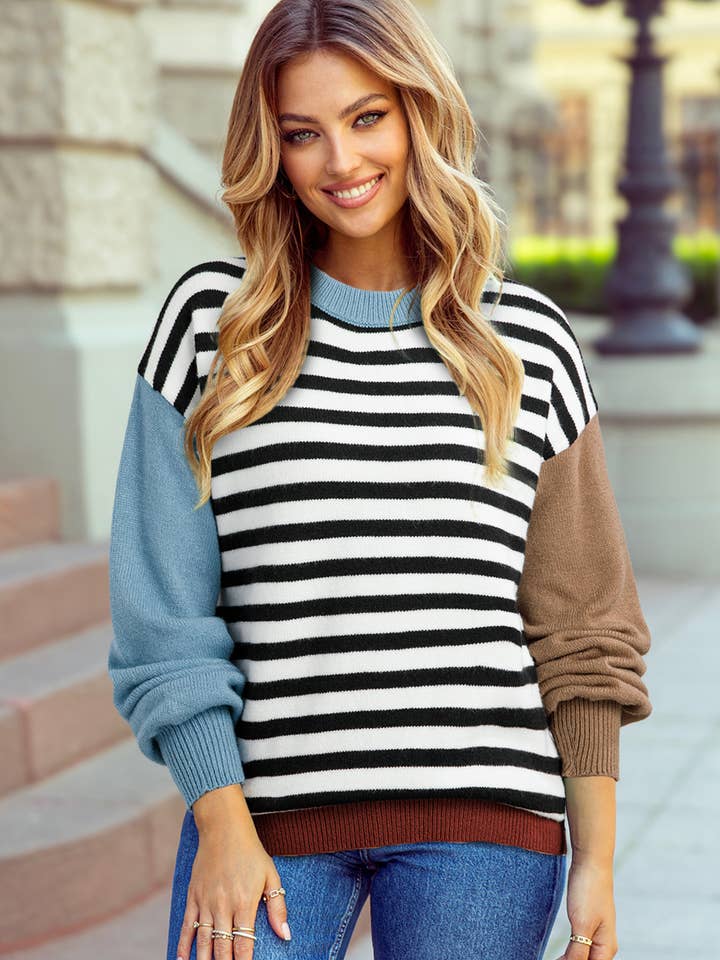 Black Striped Colorblock Sweater for wholesale by 1 the Woman