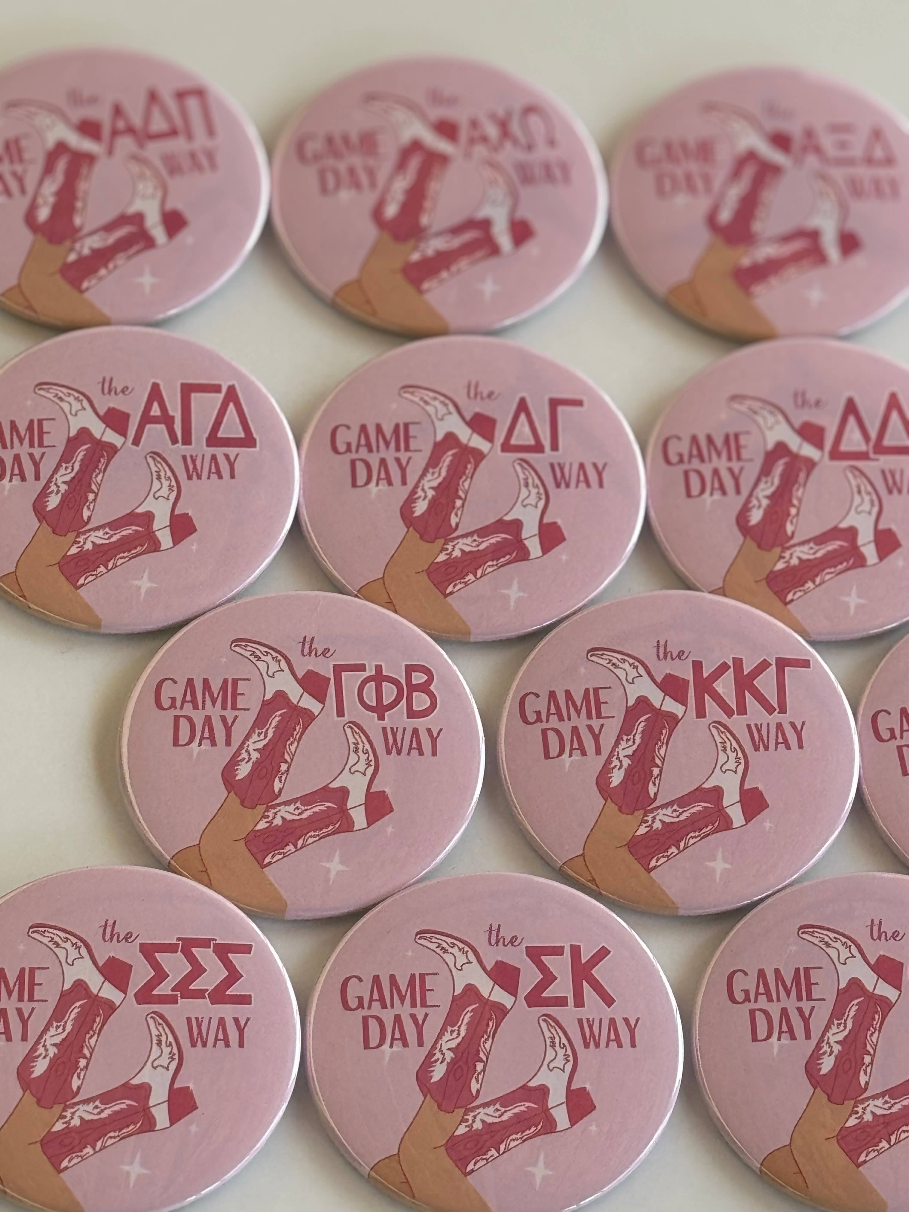 Buttongirl99 - Wholesale Lapel Pin/Button - Sorority 3" Button - Pink Boots2