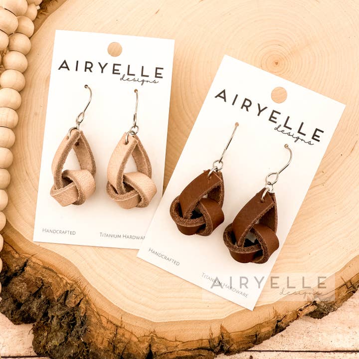 Cowhide Leather Knot Dangle Earrings for wholesale by Airyelle Designs