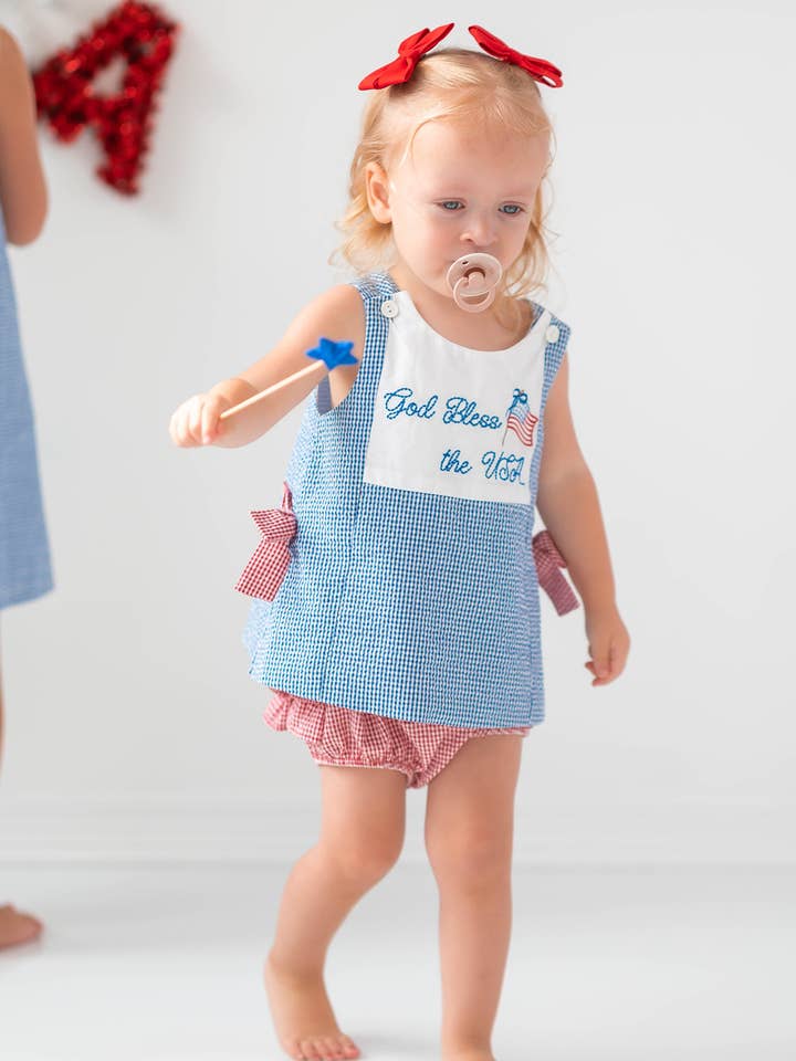 Posh Pickle - Wholesale Top & Short Set - Kids - God Bless The USA Popover Split Side Embroidered Top & Bloomer Set