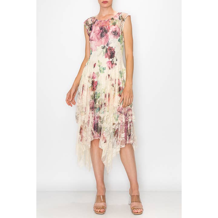 Lunefuld ærmeløs blonde midikjole med løs underkjole - 4609 BG/BIG ROSE for engroshandel hos Origami Apparel ~ Lace and Crochet inspired