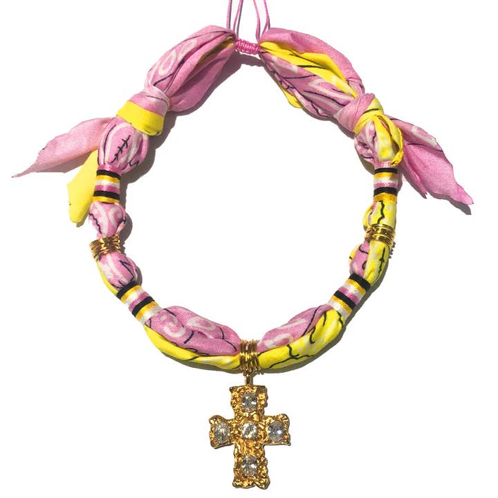 Pink & Yellow Bandana Necklace for wholesale by LE POM POM