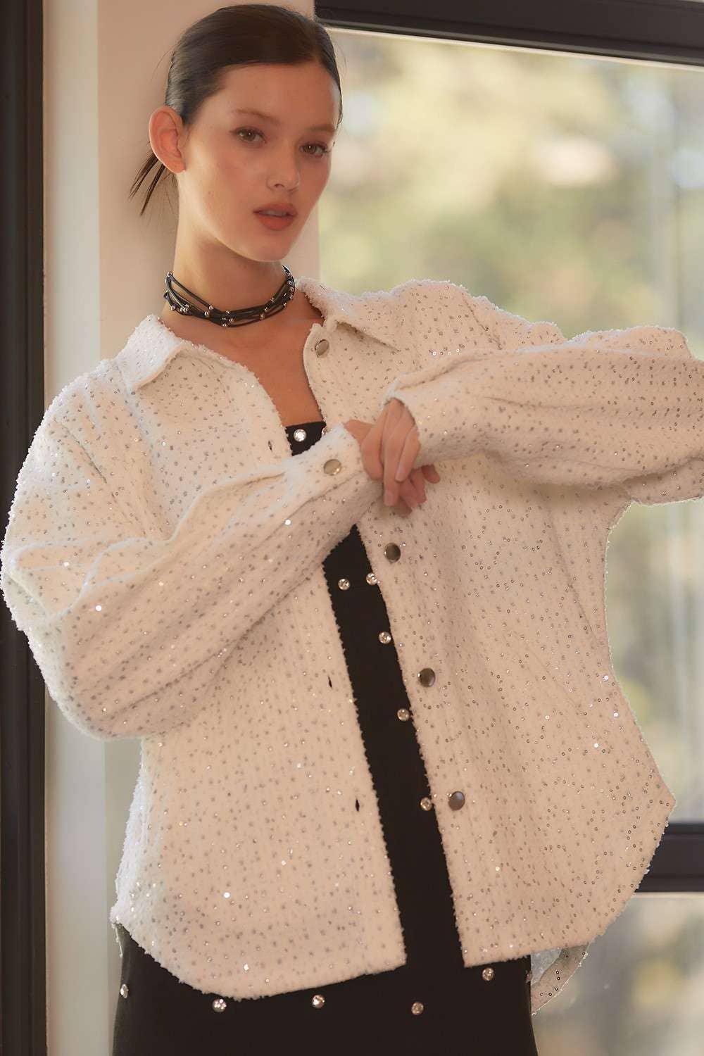 WHITE Sequin Glitter Oversize Denim Shacket for wholesale on Faire