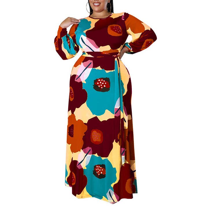 pinkblu02 - Wholesale Dress - Women's - Women Plus Size Long Sleeve Floral Print Round Neck Dress7