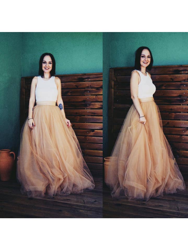 Modayladans – Großhandel Rock – Damen – Langer beiger Tüllrock | Hochzeitsbrautjungfer beiger Tüll