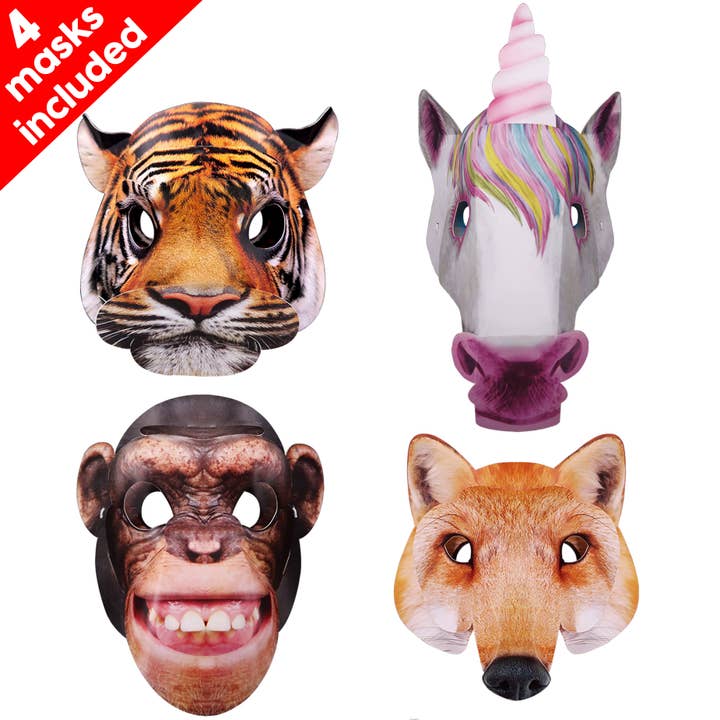 BeeSmartToys – wholesale Leksaksset - Barn – Djur Mask Pack 4: Tiger, Enhörning, Räv & schimpans