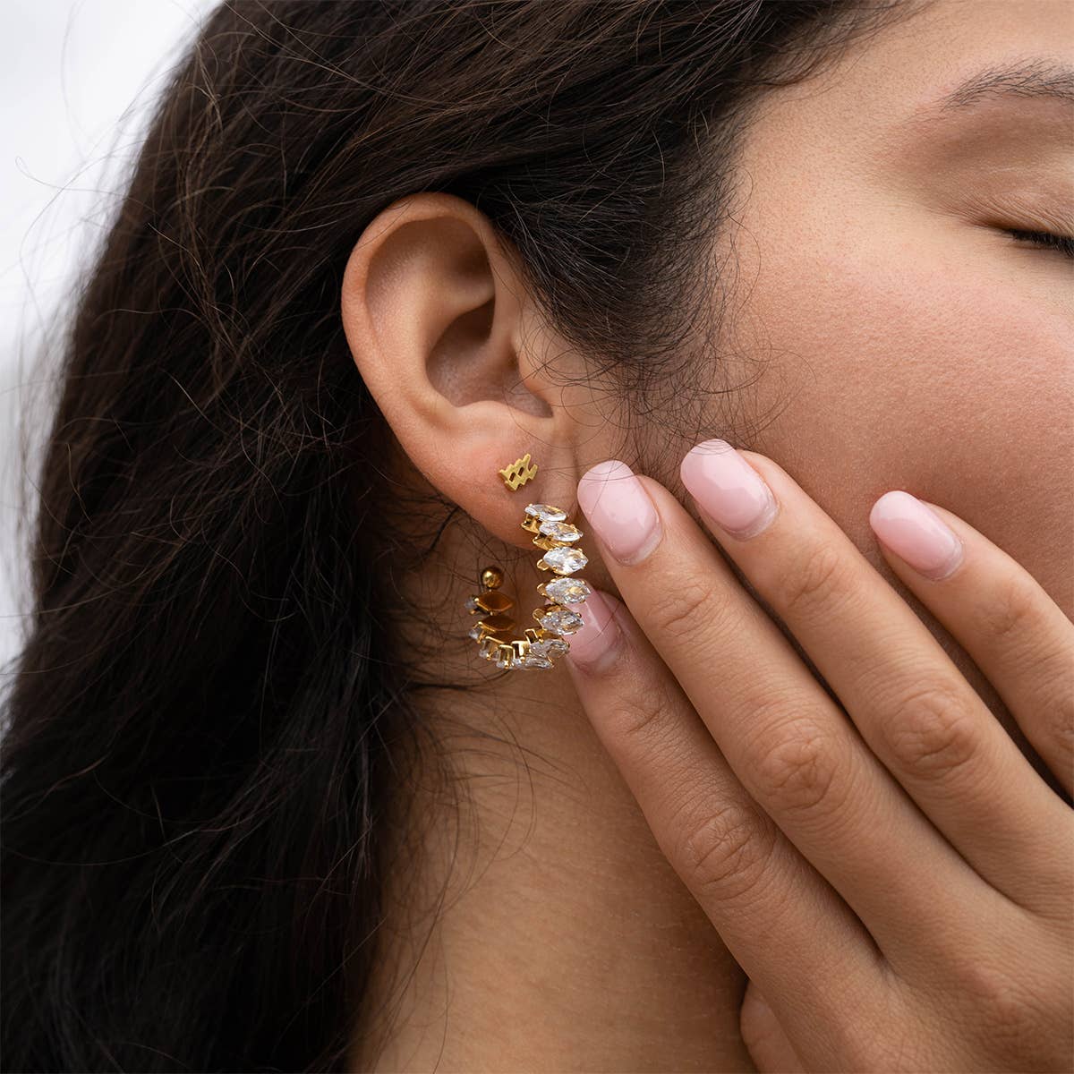 WJW - Wholesale Hoop Earrings - 18K Gold PVD Stainless Steel Marquis CZ Stone Hoop Earrings9