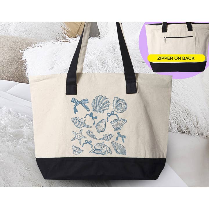 House Of Rodan - Wholesale Tote Bag - Women's - Seashell Blue Beach Collage - Beach Canvas Tote Bag
