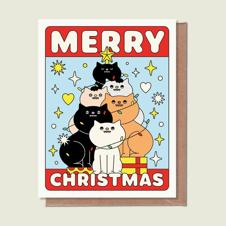 Merry Christmas Cat Greeting Card for wholesale by Épée Lapin Studio
