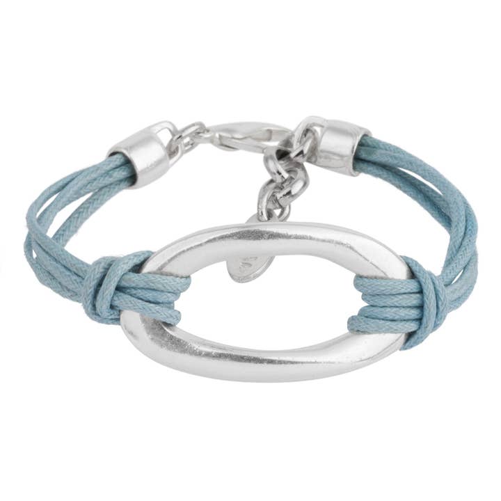 Silver bracelet and blue zamak cord for wholesale by Gloria Mago