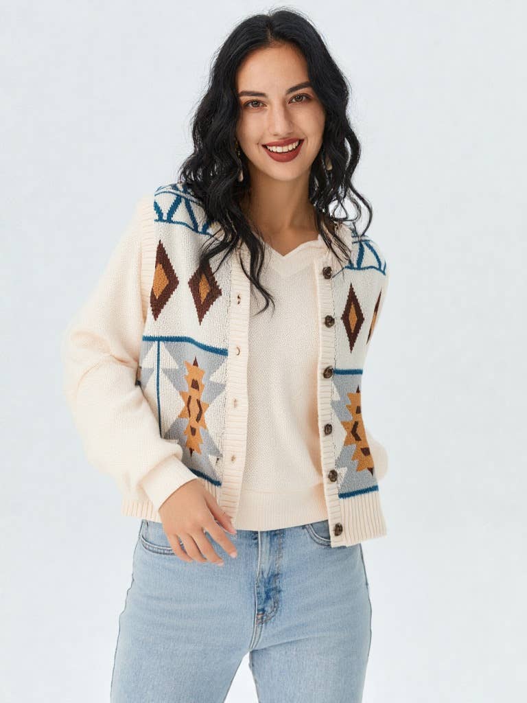 VERY J - Wholesale Sweater Vest - Women's - 12W2661V-Aztec Graphic Button Down Knit Sweater Vest0