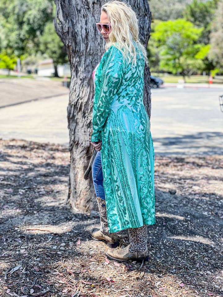 Bangles & Bourbon - Wholesale Kimono - Women's - Teal sequin kimono