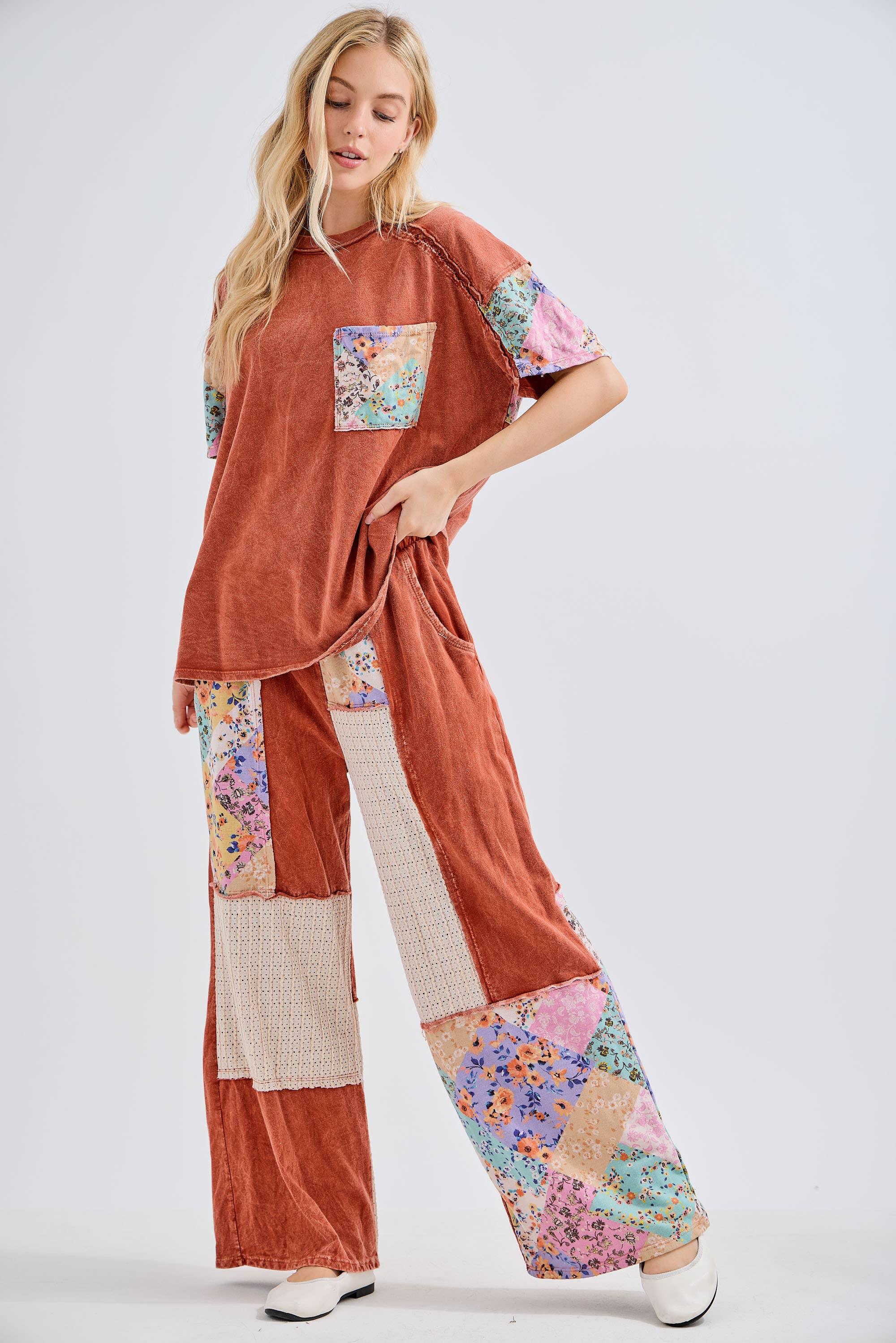 J.Her - Wholesale Pants - Women's - Mineral Washed Floral WaveKnit Jacquard Boho Pants HP610627