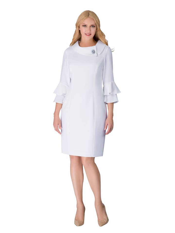 1pc Cowl Neck 3/4 Ruffled Sleeve Dress w/ Brooch for wholesale by Giovanna