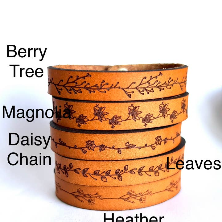 New Market Farmhouse - Wholesale Cuff Bracelet - Floral Leather Snap Bracelet - Engraved Leather Cuff3