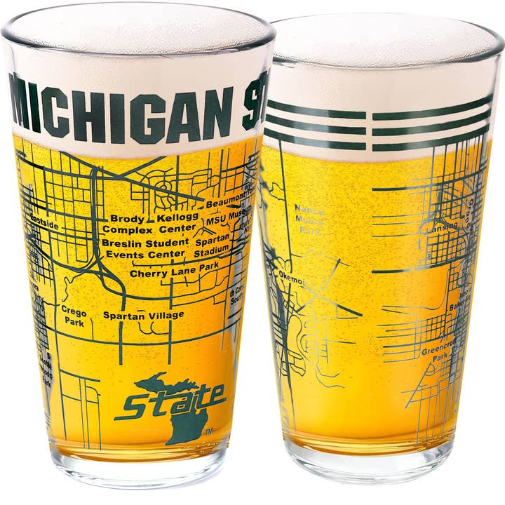 Greenline Goods - Wholesale Beer Glass/Mug - Michigan State University Pint Glasses Contains Full Color MSU Logo & Campus Map MSU Spartans Gift idea College Grads and Alumni (Set of 2)