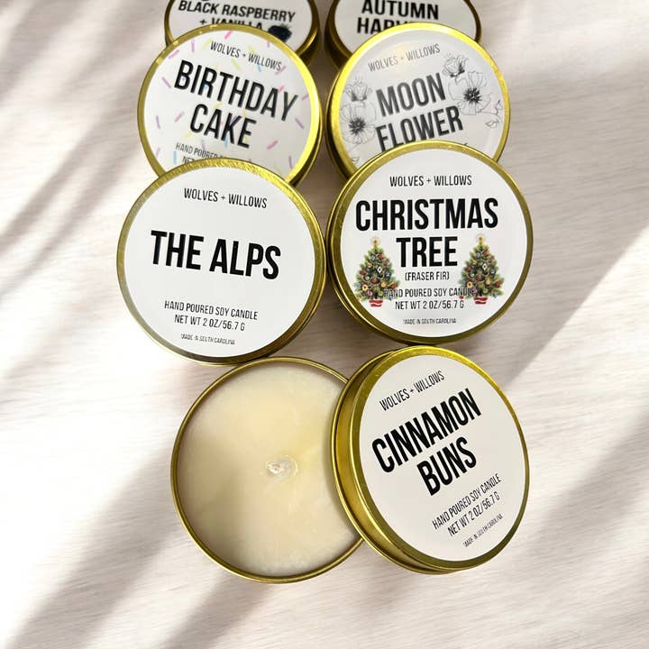 2oz Scented Soy Wax Candle in Gold Tin Sa for wholesale by Wolves and Willows