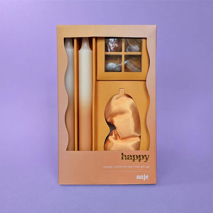 Robert Frederick Ltd - Wholesale Meditation Supplies - Saje Happy Candle, Crystal & Eye Mask Set - Includes Two Candles And Four Crystal Stones