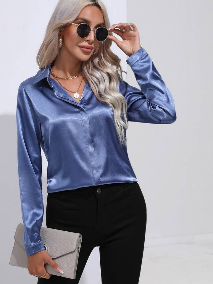 NINEXIS - Wholesale Button Down Shirt - Women's - CWTBLL0692_Button Down Silky Satin Long Sleeve Top24
