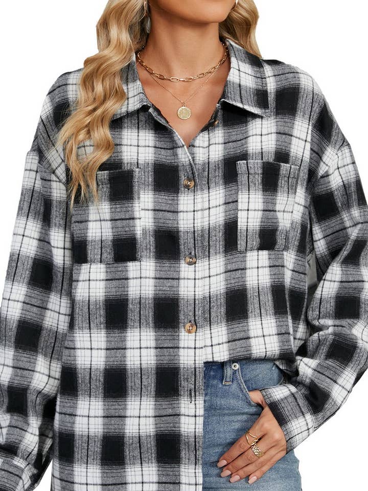 NINEXIS - Wholesale Coat - Women's - CWOCO0473_LAPEL PLAID CONTRAST LONG SLEEVE SHIRT COAT