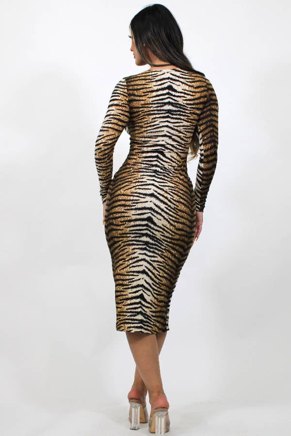 TIGER PRINT ROUND NECK LONG SLEEVE MIDI DRESS JD2036 for wholesale on Faire2