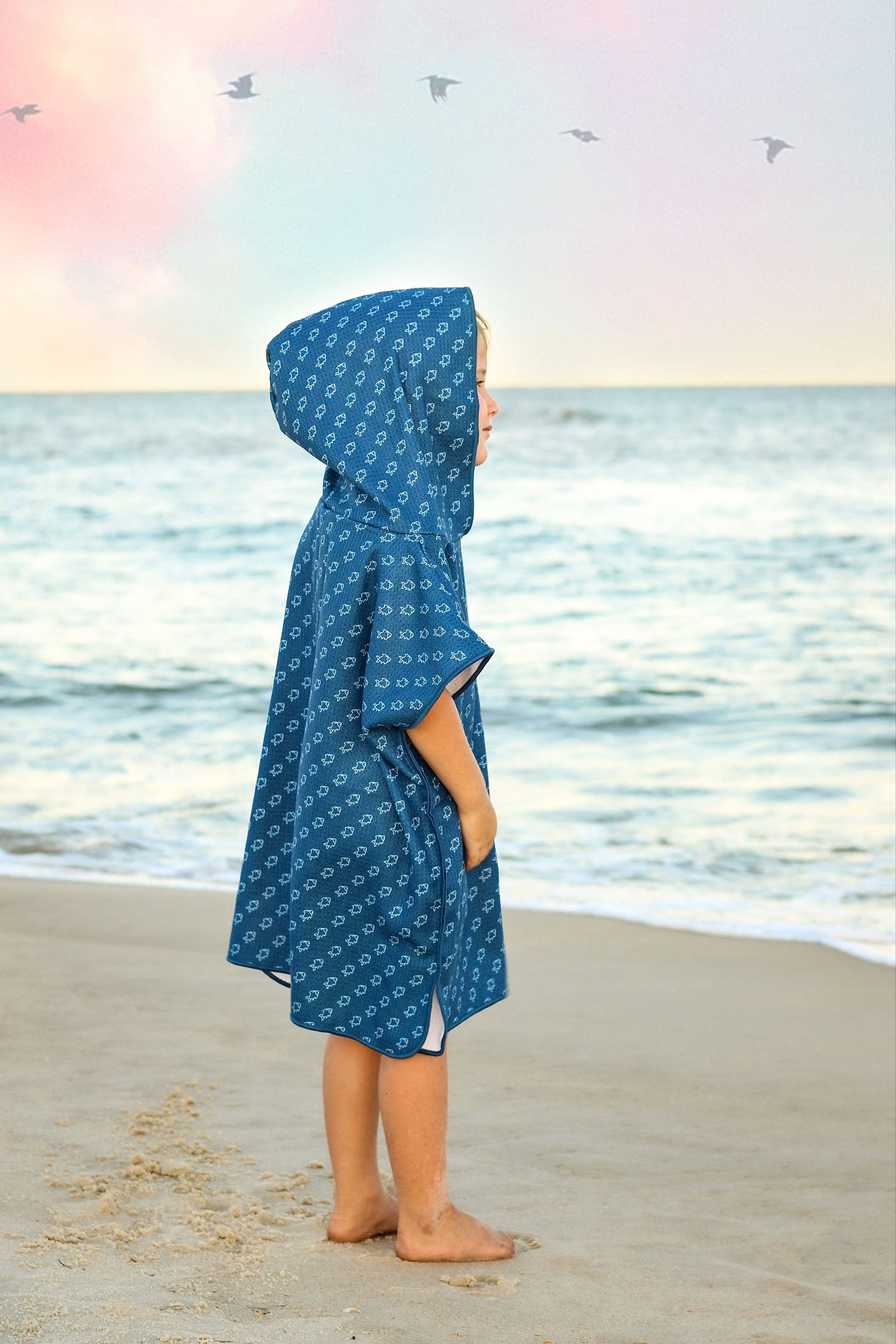Keep the Littles Wild - Wholesale Hooded Towel - Kids & Baby - Microfiber blue fish waffle wearable towel0