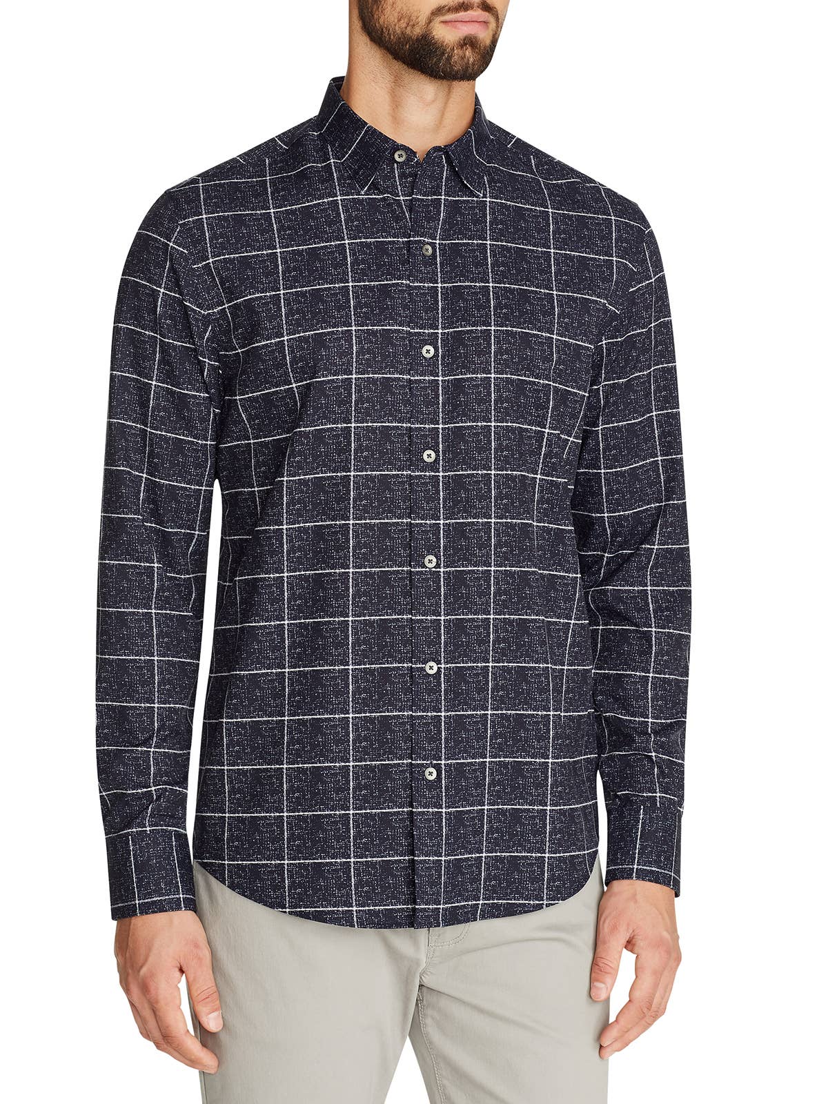 Marinen- 410 4-VÄGS STRETCHIG LÅNGÄRMAD SKJORTA MED FÖNSTERRUTA för wholesale på Faire