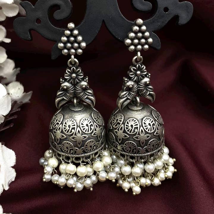 Antique Silver Jhumka Earrings With Pearl Beads for wholesale by Quirky Fashions