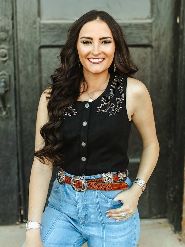 LUCKY & BLESSED - Wholesale Outerwear Vest - Women's - Black Boot Stitch Embroidered Studded Button Down Vest