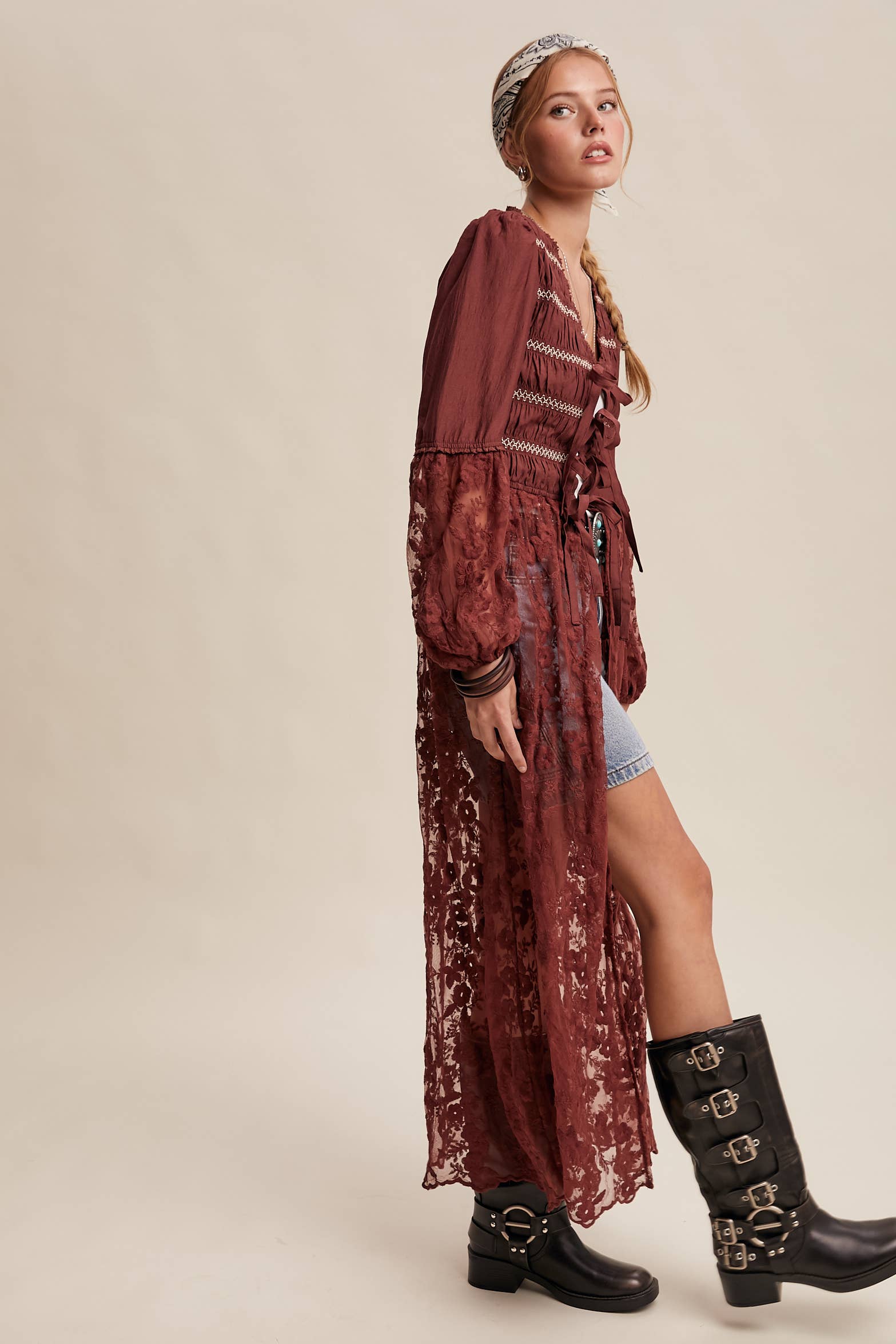 Listicle - Wholesale Kimono - Women's - Lace-Up Embroidered Maxi Kimono LJ026121