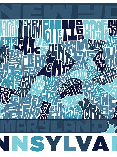 Pennsylvania State Type Map for wholesale by LOST DOG art & frame