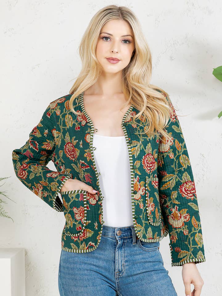 Floral Print Quilted Cotton Jacket - GREEN for wholesale by LA Soul