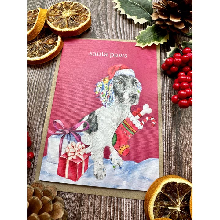 Jen Winnett Eco Artist - Vente Cartes de Noël - Jolie carte de Noël écologique pour chien Santa Paws1